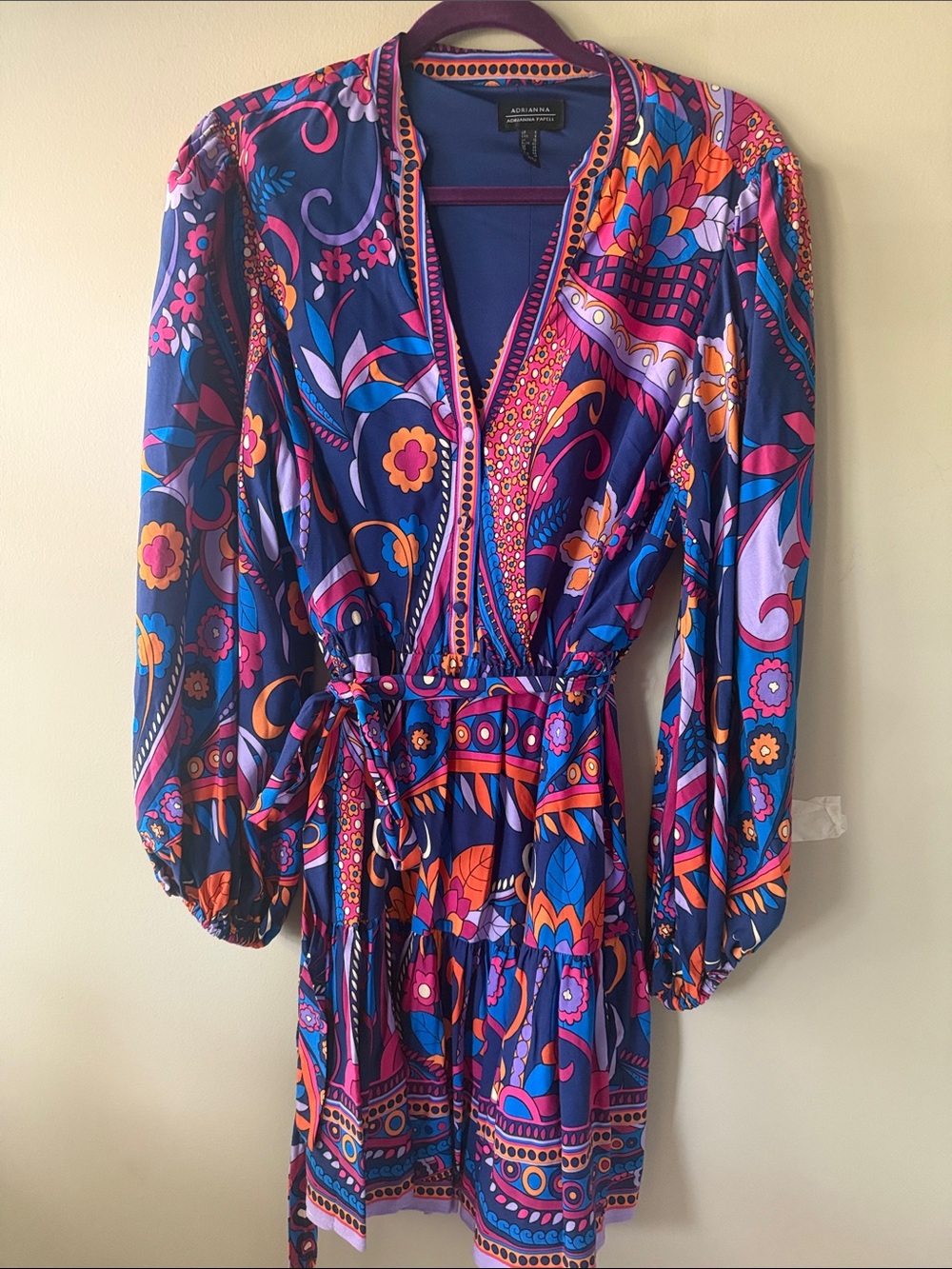 Aqua Long-Sleeve Bohemian Floral Paisley Dress in Navy, Pink & Orange